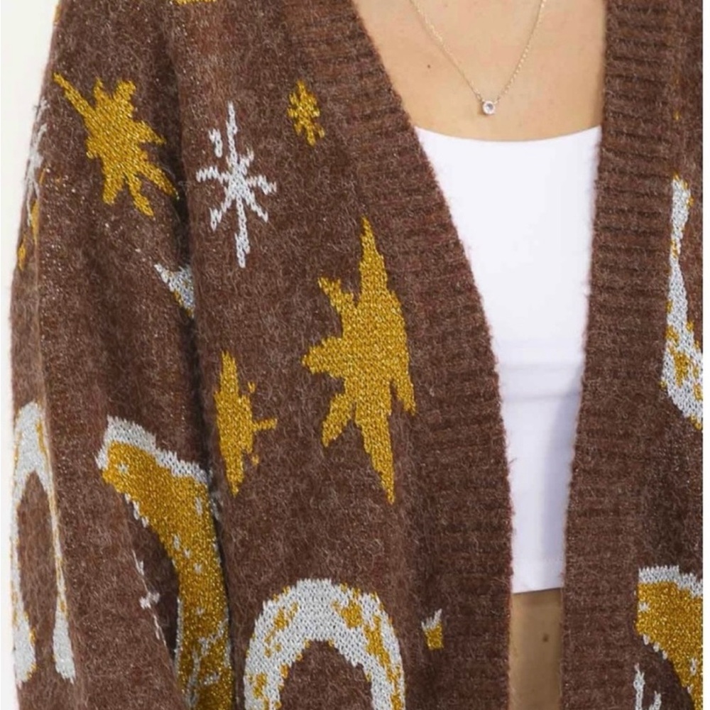 Cozy Brown Cardigan with Yellow and White Patterns - Picture 2 of 3